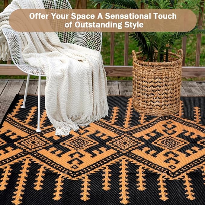 LILIOFFIC Outdoor Rugs for Patio Clearance - 5'x8' Waterproof Reversible Indoor Outdoor Rug Carpet, Portable Outdoor Plastic Straw Rug for RV Camping, Picnic, Beach, Porch, Deck, Black & Brown