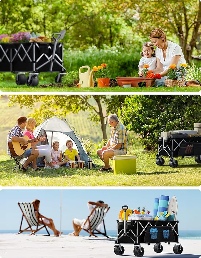 Collapsible Wagon, 440 lbs Foldable Wagons Carts with Big Wheels, Heavy Duty Folding Wagon for Beach/Garden/Camping/Grocery-Dark Black