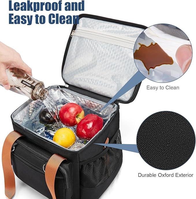 Insulated Lunch Box for Men/Women: Reusable Lunch Bag for Work Office Daytrip Picnic Beach - Leakproof Cooler Tote Bag Organizer for Adults - Black Brown