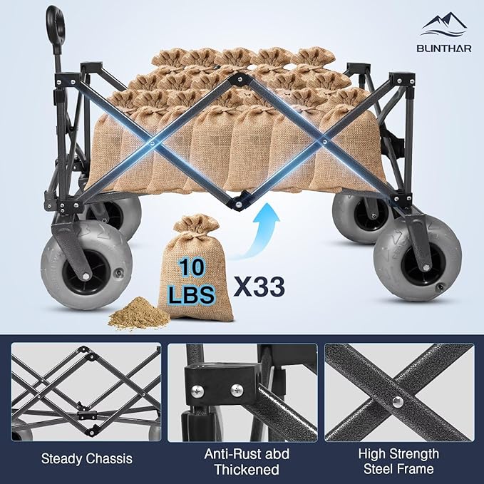 Beach Wagon, Heavy Duty Collapsible Folding Wagon with All-Terrain 9" Pneumatic Tires & Drink Holders, Utility Grocery Wagon for Garden Sports Camping Outdoor Activities