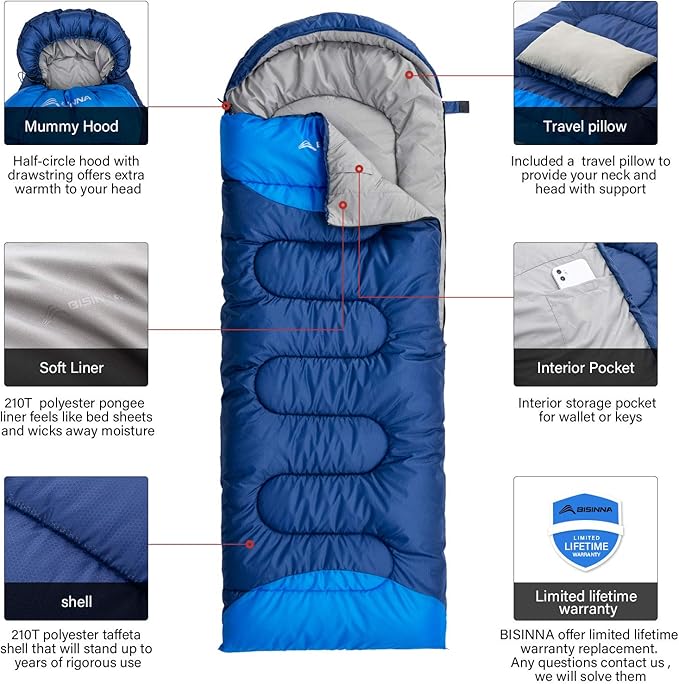 BISINNA Sleeping Bag with Pillow - 4 Season Backpacking Sleeping Bag Lightweight Waterproof Warm and Washable for Adults, Kids, Women, Men's Outdoors Camping, Hiking, Mountaineering