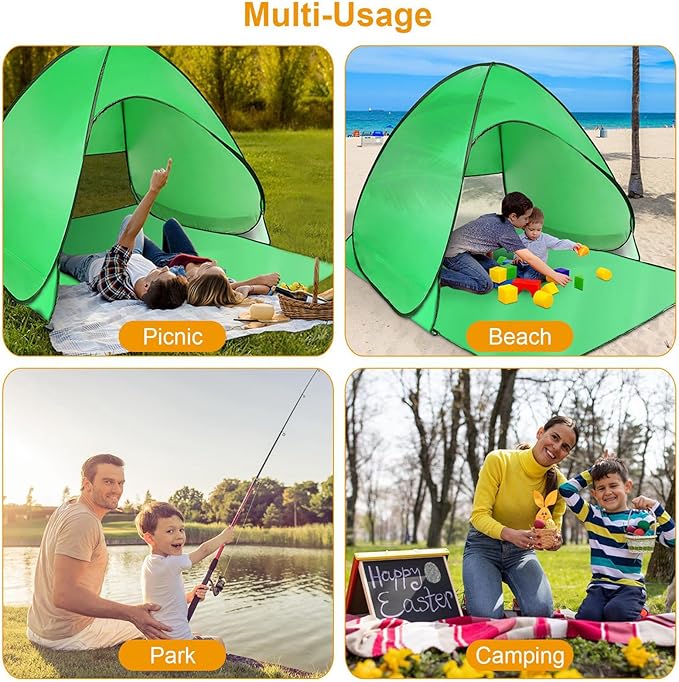 Pop Up Beach Tent for 2-3 Person, UPF50+ Anti-UV Sun Shelter w/Storage Bag, Portable Waterproof Instant Sun Shade Canopy for Outdoor Beach Camping Hiking Travel Family, Green