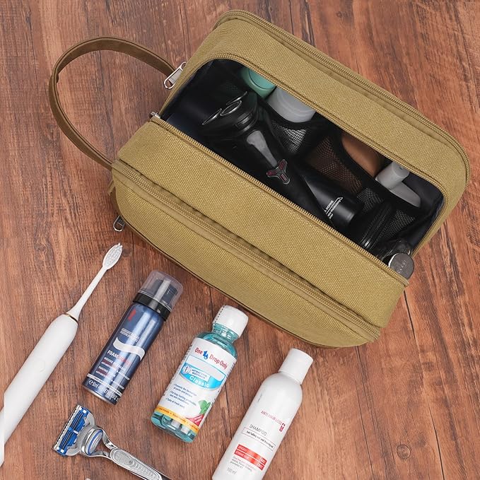 WANDF Travel Toiletry Bag for Men Large Toiletries Shaving Bag Water Resistant Hanging Dopp Kit Travel Accessories Bag for Women Men (Khaki)