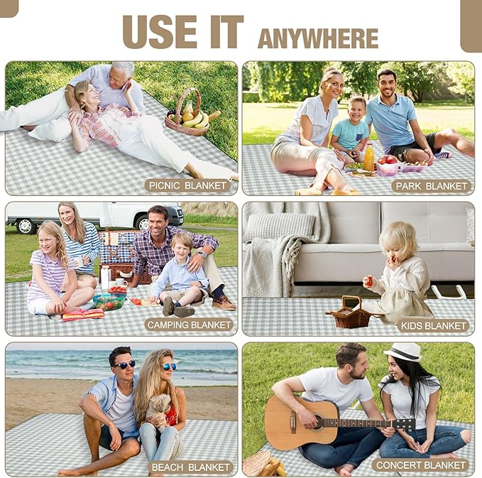 Picnic Blankets Outdoor Extra Large - 80"x80" Portable Waterproof Picnic Blanket, Machine Washable 3-Layer Foldable Park Mat with Sandproof Backing for Grass, Hiking, Travel, Concerts, Indoor (Green)