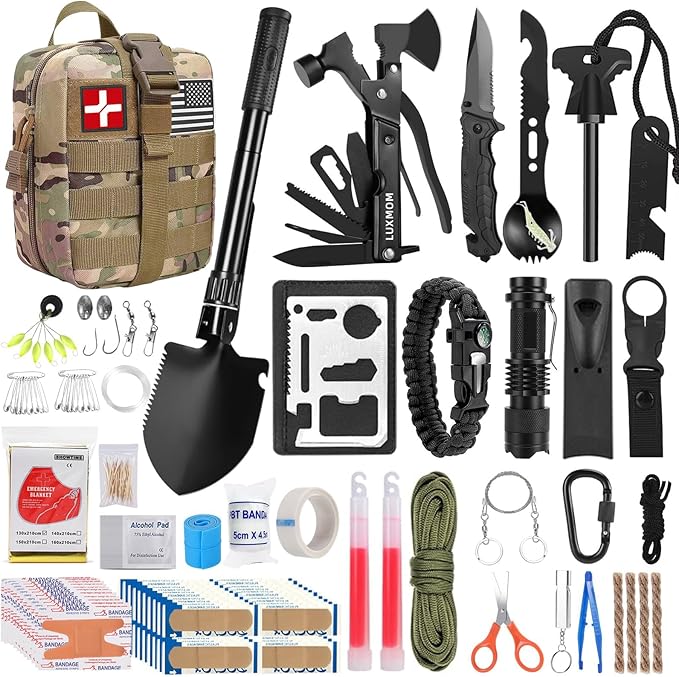 LUXMOM Survival Kit and First Aid Kit, 142Pcs Professional Survival Gear and Equipment with Molle Pouch, for Men Camping Outdoor Adventure/Gifts for Men Dad Christmas
