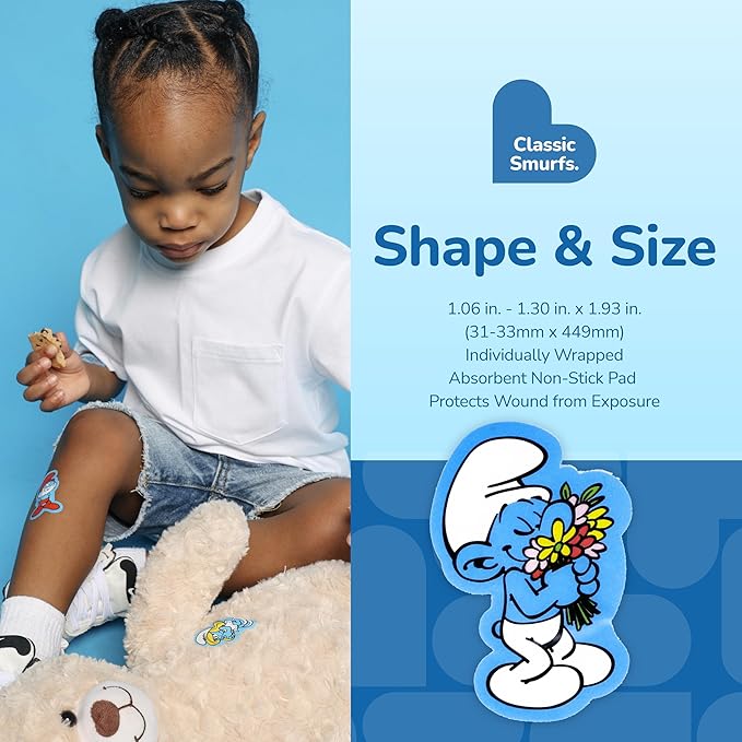 BioSwiss Bandages, The Smurfs Shaped Self Adhesive Bandage, Latex Free Sterile Wound Care, Fun First Aid Kit Supplies for Kids and Adults, 50 Count