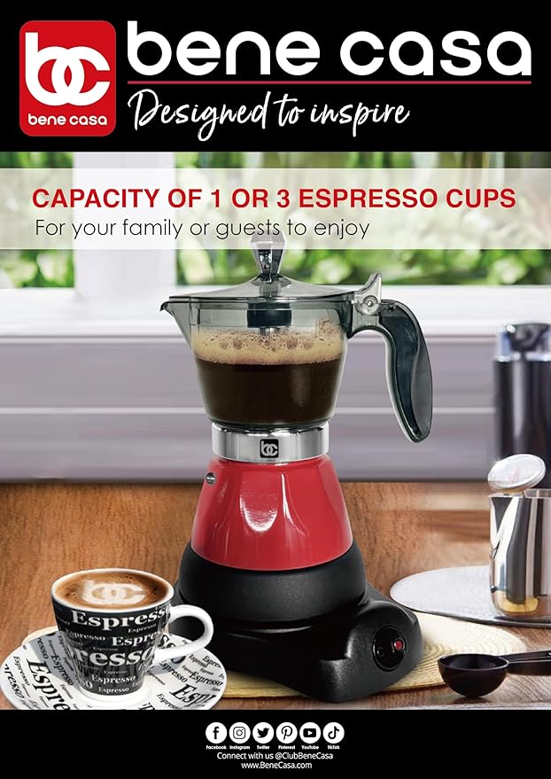 Bene Casa Red Portable Electric Espresso Maker/Cafetera, 1-3 Cups/Shots (1, RED)