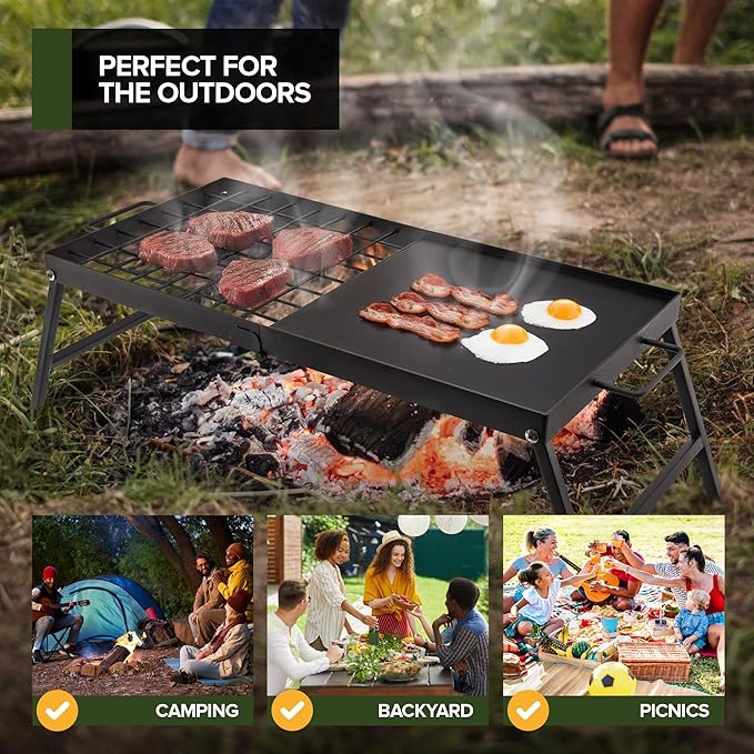 Carbon Steel Foldable Campfire Grill – Portable Grill Grate & Griddle with Large Non-Stick Surface, Sturdy Fold-Out Legs, Compact for Storage, Use Over Fire Pit