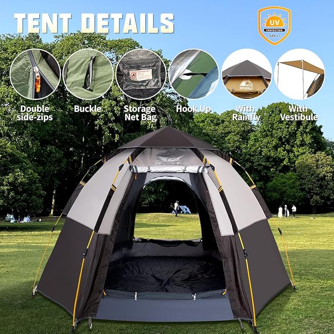 Hewolf 2/3/4 Person Camping Tent - Instant Pop Up Waterproof 2 Doors Tent with Easy Setup | 3-Season Hexagonal Dome Design for Family, Hiking & Traveling
