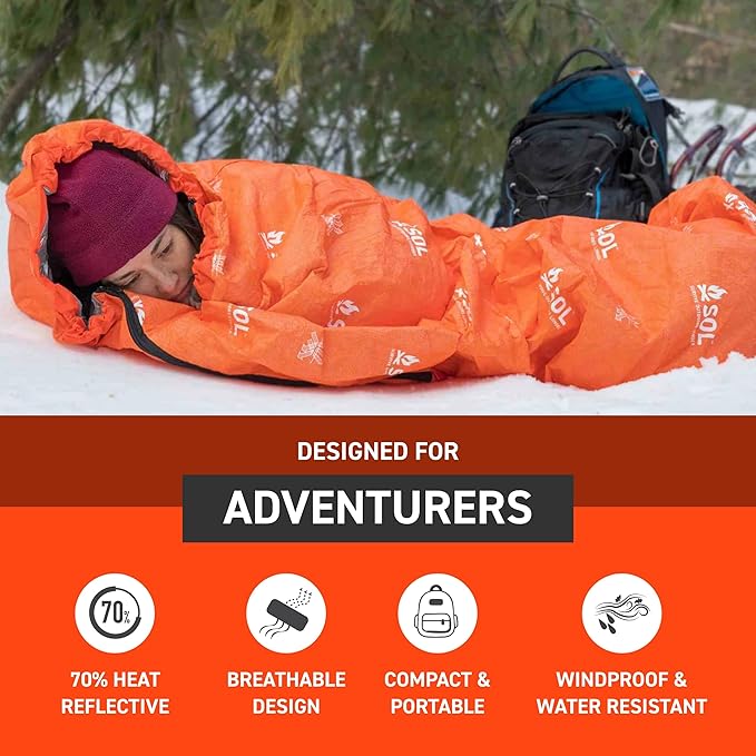 SOL Escape Bivvy with Hood - Emergency Preparedness Blanket - Reflects Up to 70% Body Heat - Outdoor Survival Bivvy - Water Resistant - Durable & Breathable - Winter Camping Supplies - Orange