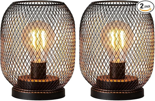 DECORKEY Set of 2 Battery Operated Lamp LED Table Lantern, Brown Metal Cage Cordless Lamps with LED Bulb,Vintage Decorative Outdoor Lantern for Weddings, Parties, Patio, Events for Indoors Shelf Decor