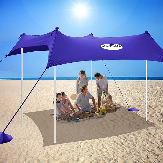 UMARDOO Family Beach Tent Canopy Sun Shade Portable, Large Compact Beach Sun Shelter Easy Setup with Packable Bag for Outdoor Travel (Purple, 12X12 FT. 4Poles)