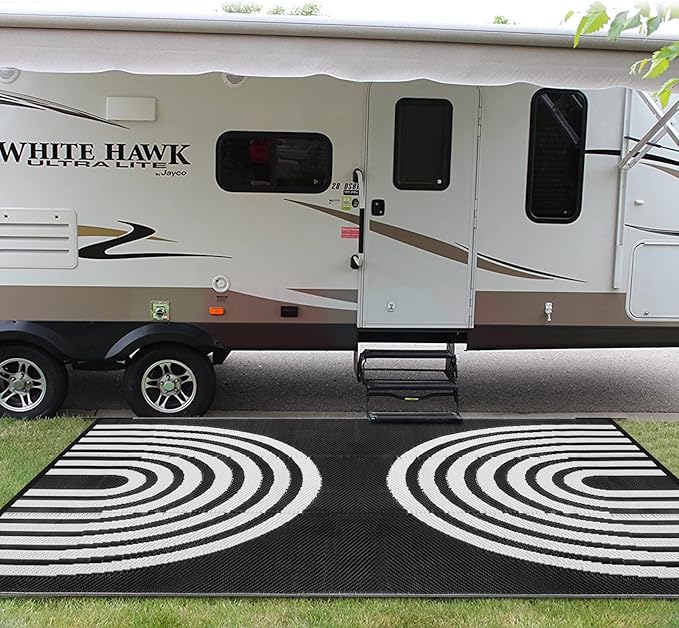 Anidaroel Outdoor Area Rug for Patio Clearance 5x8ft Waterproof, Reversible Plastic Straw Rug Outside Rug, UV Resistant RV Mat for Camping, Porch, Balcony, Pool Deck(Black&White, 5‘x8')