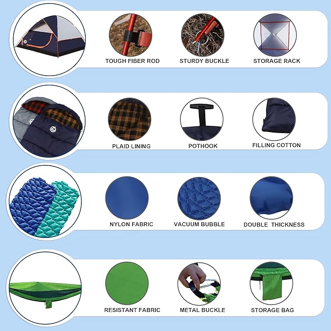 9-Piece Camping Tent Kit - 1 Dome Tent (2 or 3 Person), 2 Sleeping Bags, 2 Air Mattresses, 2 Single Camping Hammocks, 2 Blankets