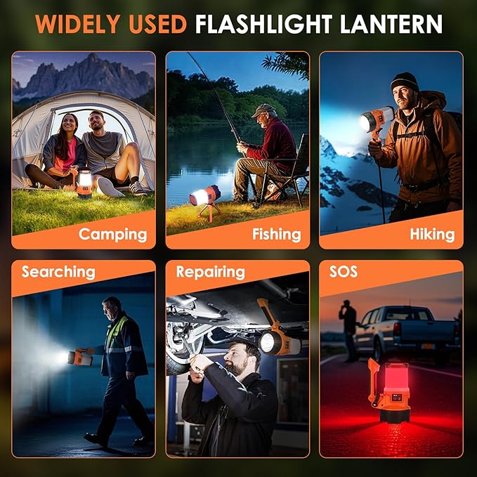 Rechargeable Camping Lantern, 6 Modes LED Flashlight Handheld Spotlight with 2000LM, 4400mAh Power Bank, IPX4 Waterproof Searchlight Work Light for Emergency Hiking Survival Kits