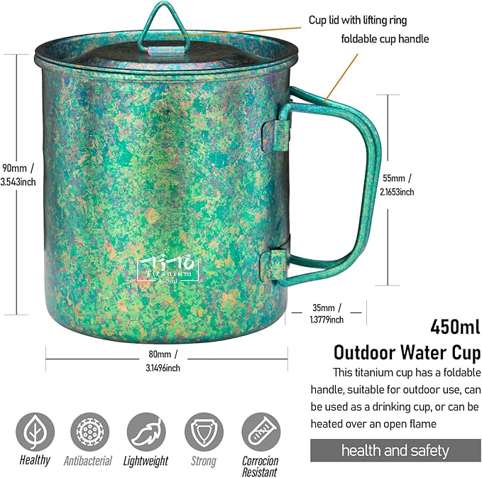 TiTo Titanium Cup Titanium Pot with Lid Ultralight Portable 450ml Foldable Handle Camping Tea Coffee Water Mug for Outdoor Backpacking Hiking Picnic Drinkware with Mesh Sack (Green)