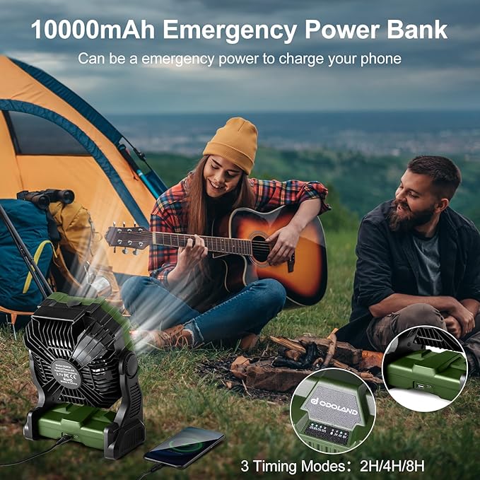 Odoland Portable Misting Fan with LED Light, 10000mAh Battery Operated Rechargeable Camping Mister Fan with 250mL Water Tank and Hook, Outdoor Tent Cooling Mist Fans for Patios Beach Home, Green