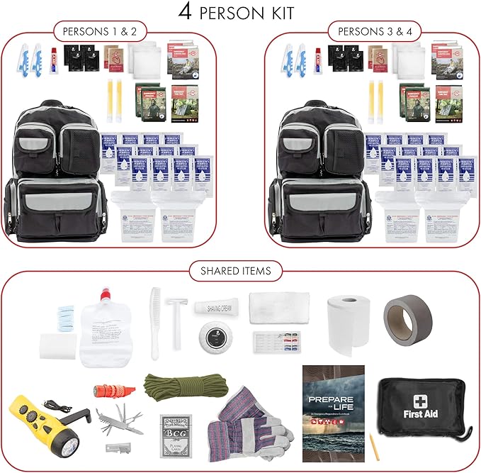 Urban Emergency Survival Kit - 2 or 4 Person Bug Out Bag | 72-Hours | Emergency Food Rations, Water with Survival Gear and Supplies for Disaster Preparedness
