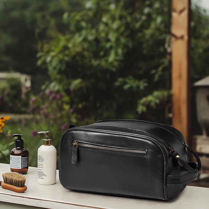 LEATHER VILLAGE Premium Leather Toiletry Travel Pouch With Waterproof Lining - Black | King-Size Handcrafted Vintage Dopp Kit Bag