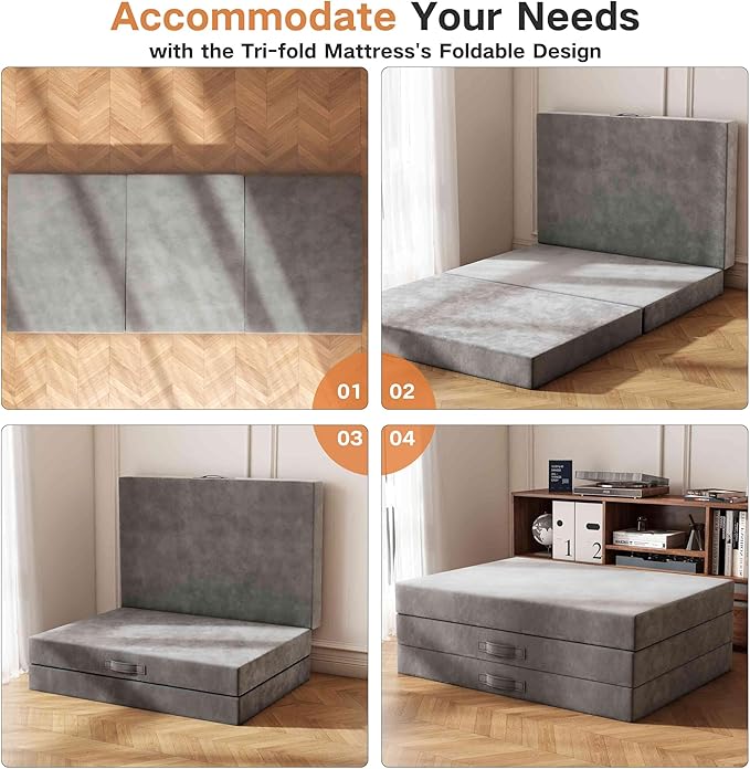 Tri-Fold Memory Foam Mattress, 6 inch Twin Folding Mattress with Washable Covers, Reversible Design, Foldable Mattress Topper for Travel&Guests 75"x38"x6"