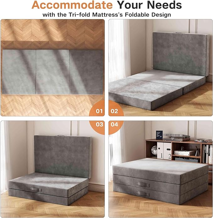 Tri-Fold Memory Foam Mattress, 6 inch Full Folding Mattress with Washable Covers, Reversible Design, Foldable Mattress Topper for Travel&Guests 75" x 52" x 6"