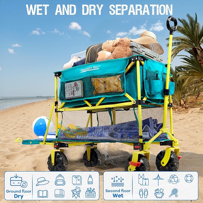 400L Collapsible Double Decker Beach Wagon with Brakes, Folding Beach Cart with 54" Extra Long Decker, 450LBS Heavy Duty Wagon Chart with All-Terrain Big Wheels for Sand Camping Garden