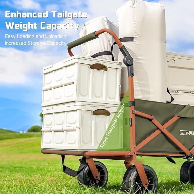 Whitsunday Collapsible Folding Beach Wagon Cart, Double Push Bar Wagon with Tailgate, 360° Rotating Wheels Heavy Duty Utility Camping Grocery Wagon with Wheels Green