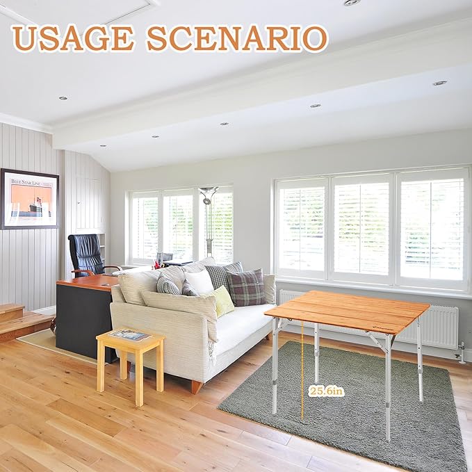 KingCamp Bamboo Camping Table Folding Table with Adjustable Height Aluminum Legs Heavy Duty 176lbs 4-Fold Portable Foldable Camp Tables for Travel, Picnic, 4-5 People