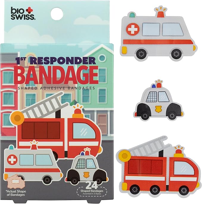 BioSwiss Bandages, First Responders Shaped Self Adhesive Bandage, Latex Free Sterile Wound Care, Fun First Aid Kit Supplies for Kids and Adults, 24 Count