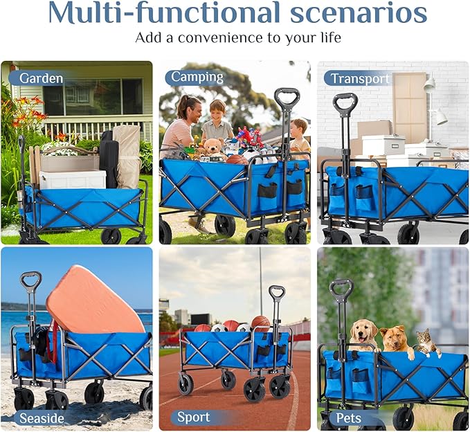 DUMOS Foldable Wagons Carts with All-Terrain Wheels, 120L & 360LBS Portable Shopping Wagon Large Capacity Utility Cart with Drink Holders, Heavy Duty Collapsible for Sand, Beach, Gardening(Large Blue)