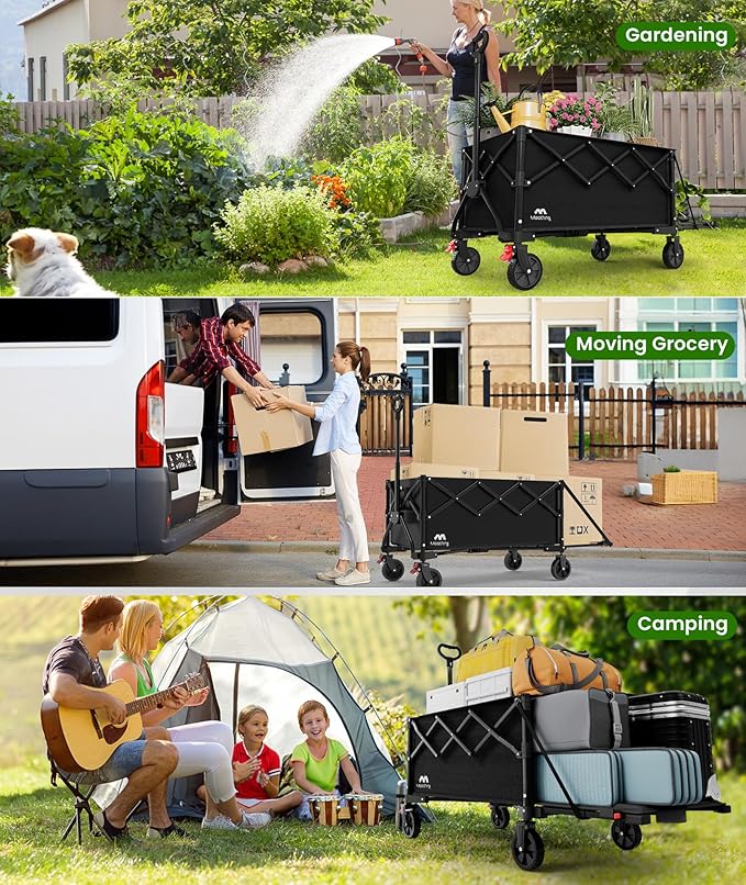 Large Foldable Wagons Extended, Collapsible Wagon with Tailgate, 49”L Folding Wagons with Brakes, Grocery Wagon, Utility Cart for Sports, Shopping, and Camping, Black