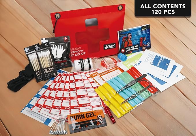 120 PCS Waterproof First Aid Kit, Portable Small Boat Dry Bag Bug Out Bag, Emergency Medical Kit Ideal for Boating, Camping, Fishing, Kayaking, Floating, Red