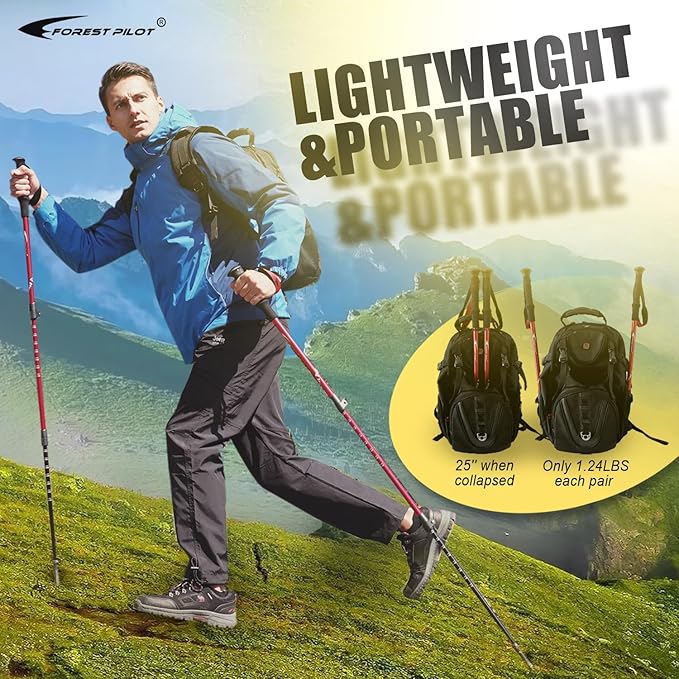 Trekking Poles - Lightweight 7075 Aluminum with Flip Lock & All Terrain Accessories - Pair of 2 Walking Sticks for Hiking with EVA or Beech Wood Grip