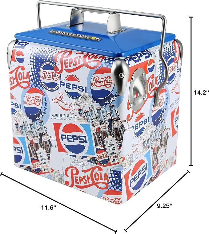 Pepsi 14-Quart Small Cooler | Retro Vintage Classic Style Hard Metal Beverage Cooler for Camping Beach Picnic, Pepsi Heritage Edition