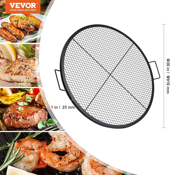 VEVOR X-Marks Fire Pit Grill Grate, Round Cooking Grate, Heavy Duty Steel Campfire BBQ Grill Grid with Handle and Support X Wire, Portable Camping Cookware for Outside Party & Gathering, 36 Inch Black