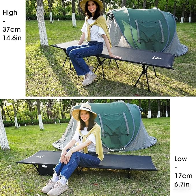 CAMPNACHT Ultralight Camping Cot with Leg Extenders, Aluminum Lightweight Folding Cot for Adults, Portable Backpacking Compact Tent Cot for Outdoor, Hiking, 1 Pack with 2 Use Modes, Black