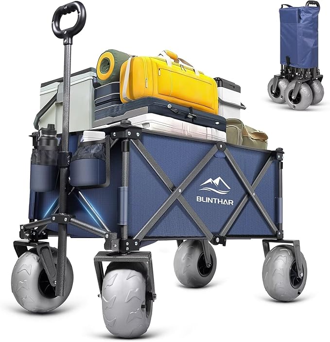 Beach Wagon, Heavy Duty Collapsible Folding Wagon with All-Terrain 9" Pneumatic Tires & Drink Holders, Utility Grocery Wagon for Garden Sports Camping Outdoor Activities