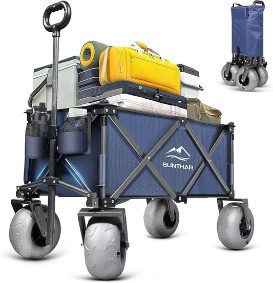 Beach Wagon, Heavy Duty Collapsible Folding Wagon with All-Terrain 9" Pneumatic Tires & Drink Holders, Utility Grocery Wagon for Garden Sports Camping Outdoor Activities