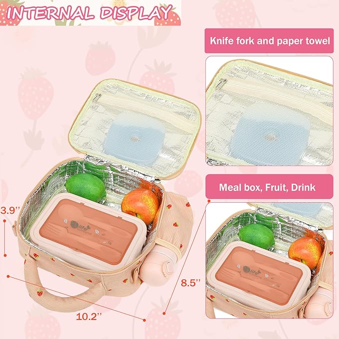 LOIDOU Lunch Box for Kids Girls Cute Corduroy Insulated Lunch Bag Thermal Meal Tote Reusable Lunch Pail Bags for School Travel ((Corduroy Strawberry Pink)