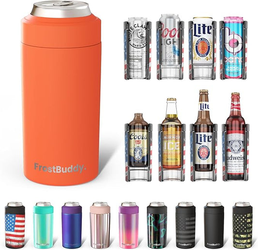 Frost Buddy Universal Buddy Can Cooler - Fits All - For Regular 12 & 16 oz or Slim-Size Bottles - Insulated Double-Walled Stainless Steel (Orange)