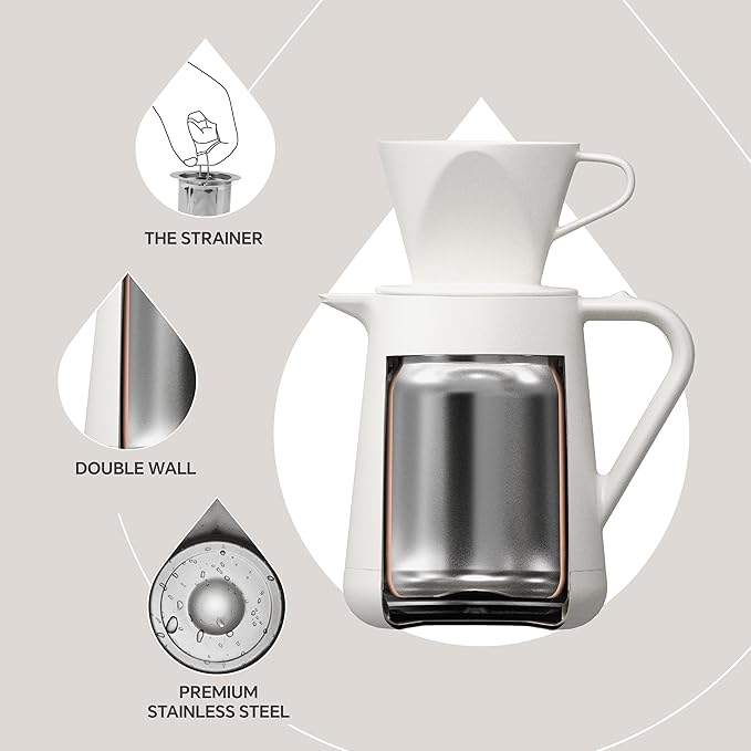 Ideus Insulated Pour Over Coffee Maker 20oz, Stainless Steel Coffee Pot Pour Over Set Camping Coffee Carafe BPA-Free with Dripper for Home, Office & Camping (White)