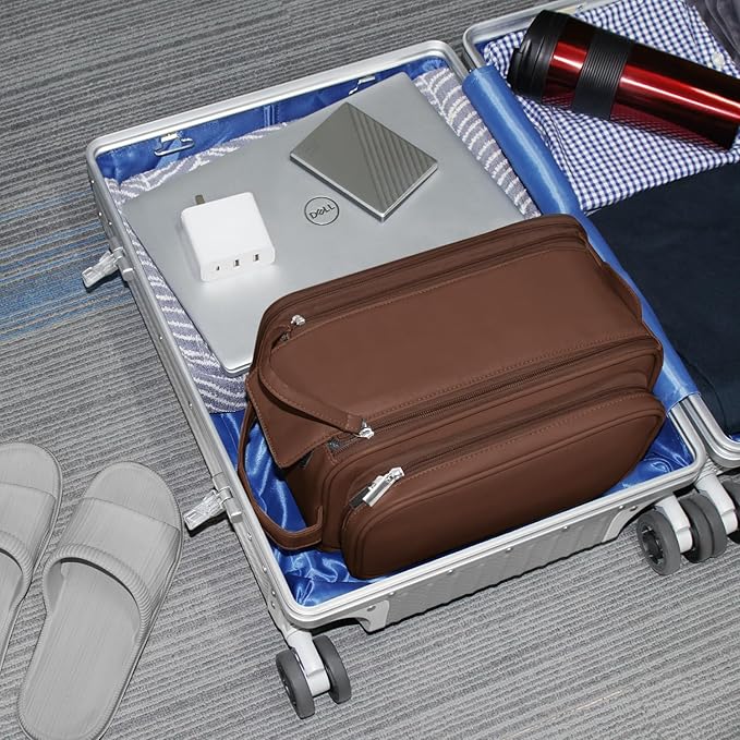 Buruis Extra Large Toiletry Bag for Men, Travel Toiletry Organizer Dopp Kit Water-resistant Shaving Bags, PU Leather Cosmetic Bathroom Shower Bag for Toiletries, Grooming, Accessories (Brown)