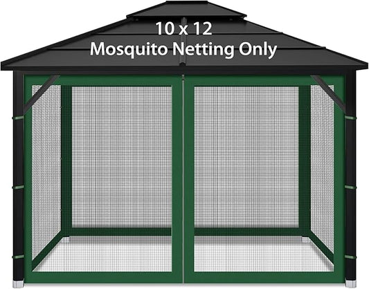 Gazebo Replacement Mosquito Netting Outdoor Universal Gazebo Canopy 4-Panels Screen Sidewalls with Zipper for Patio Garden (Green, 10x12)