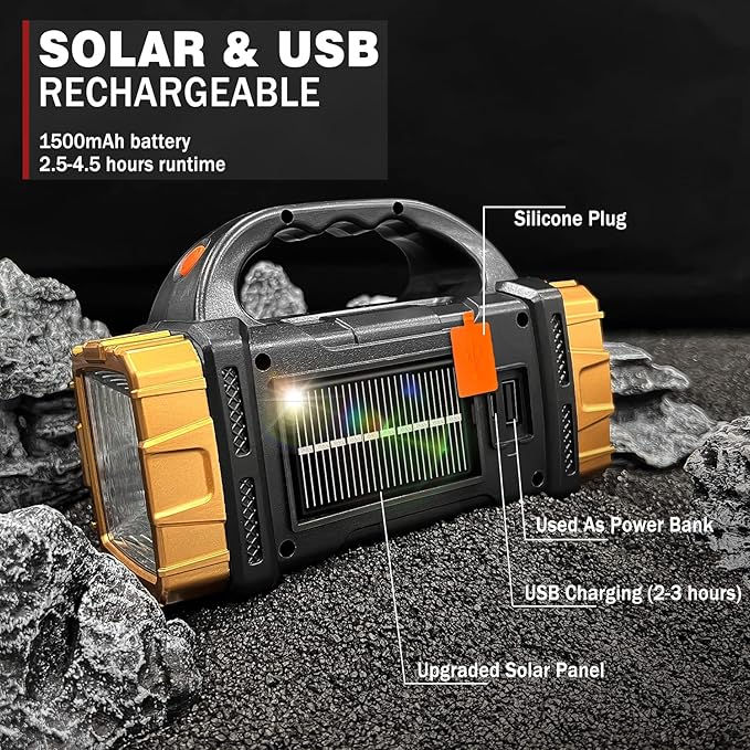 1-Pack Solar Flashlight High Lumens Rechargeable Outdoor Waterproof Spotlight LED Work Light Searchlight Lantern for Camping Emergencies