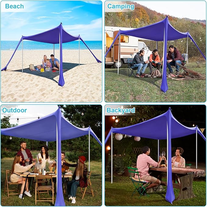 Beach Tent - 10 x 10 FT Beach Canopy, Portable Beach Tent Sun Shelter UPF50 with 4 Sandbags, Stability Poles, Ground Pegs and Anti-Wind Ropes, Outdoor Beach Shade Canopy for Beach Camping Picnics