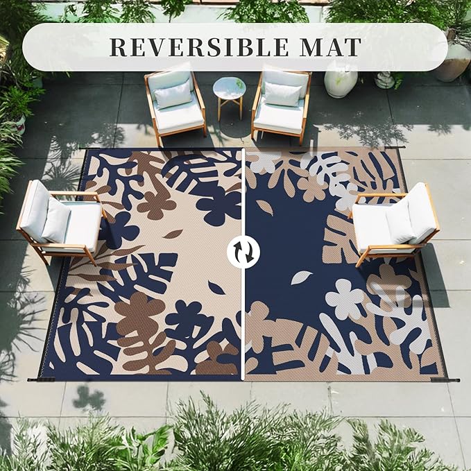 MontVoo Outdoor Rug Waterproof 5x8 ft RV Outdoor Rug for Camping Picnic Mat Outdoor Patio Rug Carpet Plastic Straw Reversible Floral Navy Orange