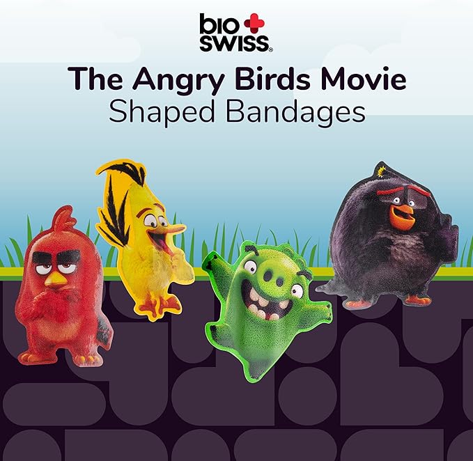 BioSwiss Bandages, Angry Birds Movie Shaped Self Adhesive Bandage, Latex Free Sterile Wound Care, Fun First Aid Kit Supplies for Kids and Adults, 50 Count
