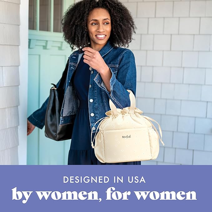 Fit & Fresh Lunch Bag For Women, Insulated Womens Lunch Bag For Work, Stain-Resistant Large Lunch Box For Women With Containers, Cinch Closure Cromwell Bag, Ivory Daisies