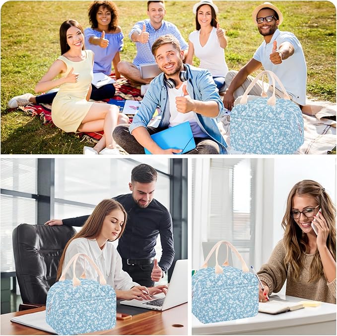 Cotton Quilted Insulated Lunch Bag, Cute Quilted Floral Lunch Tote Bags Reusable Insulated Lunch Box Coquette Aesthetic Large Capacity Insulated Cooler for Women Men Work Travel Picnic (Light Blue)