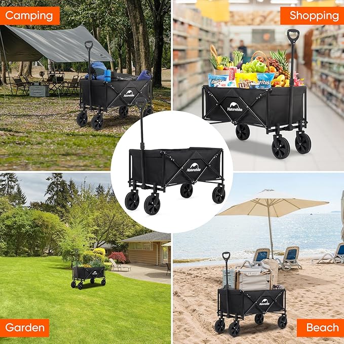 Naturehike Beach Wagon with Big Wheels for Sand, 300LBS Collapsible Foldable Heavy Duty Garden Cart - Large Capacity Utility Wagon for Shopping, Camping, Garden, Sports, Grocery